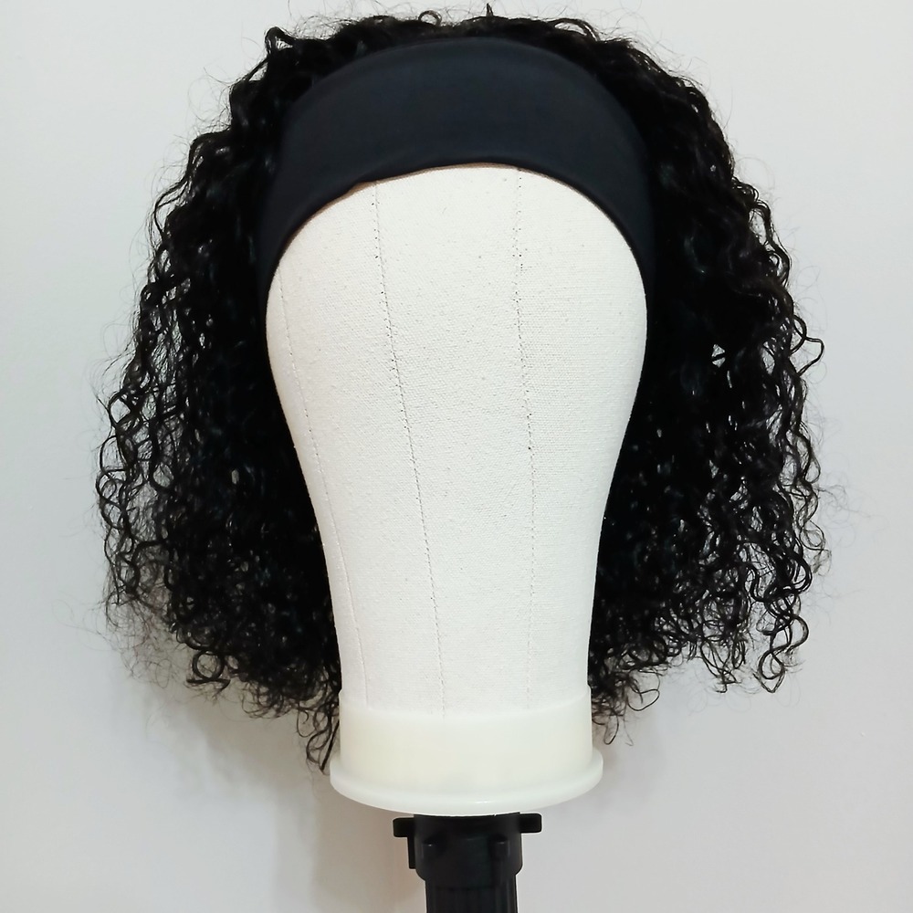 Human Hair Headband Wig Deep Curly 18 Inch Glueless 1B Natural Black NEW